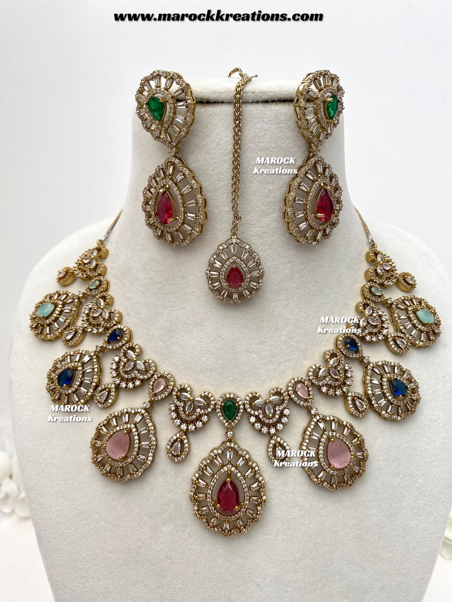 Tareena Antique Gold American Diamond Statement Necklace set