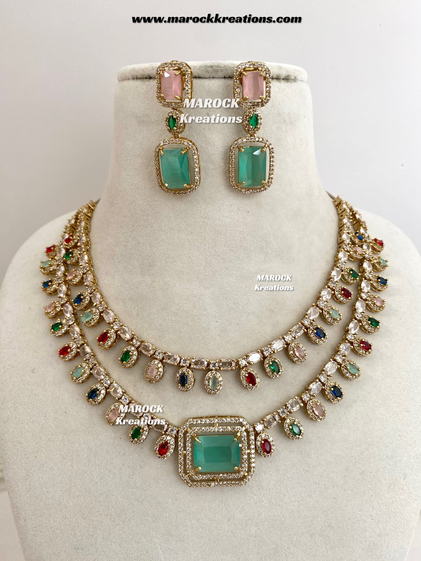 Eshika Antique Gold American Diamond double layer Necklace set