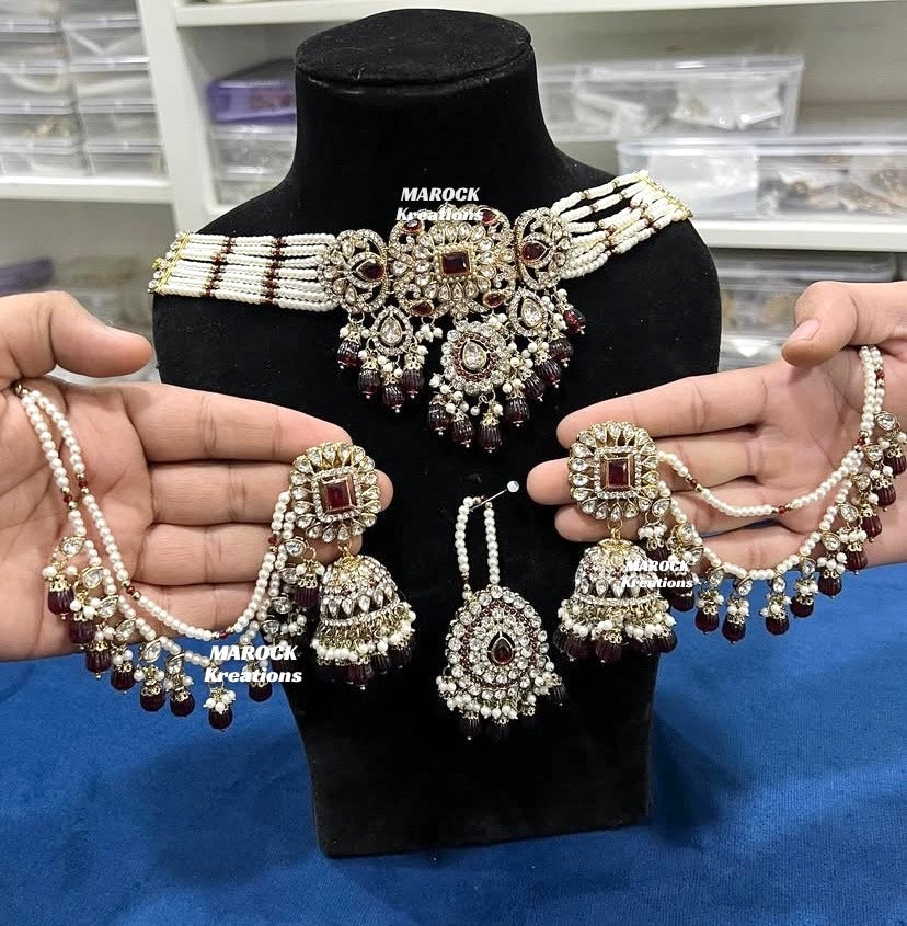 Hana Kundan Choker set with Jhumki Earrings and tikka(Saharey attached)