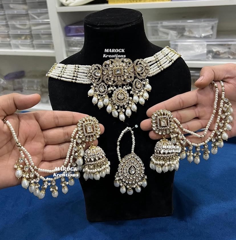 Hana Kundan Choker set with Jhumki Earrings and tikka(Saharey attached)