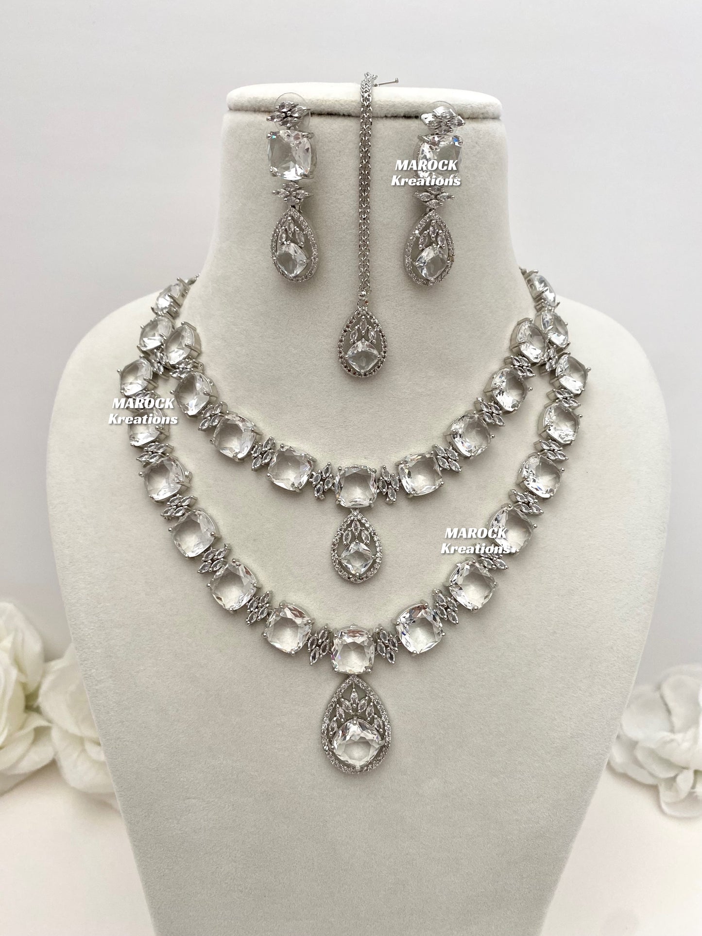 Aster Silver American Diamond Double layer Necklace set