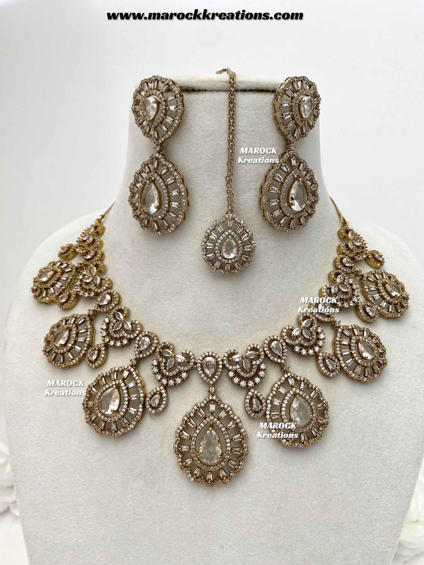 Tareena Antique Gold American Diamond Statement Necklace set