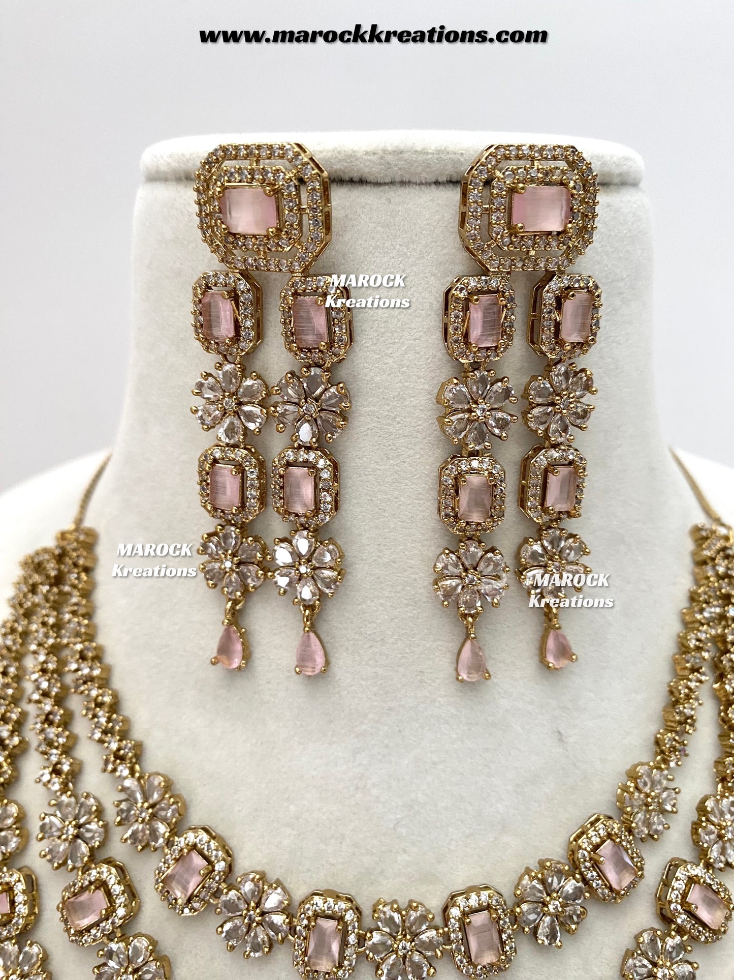 Arvin Antique Gold American Diamond triple layer Statement Necklace set