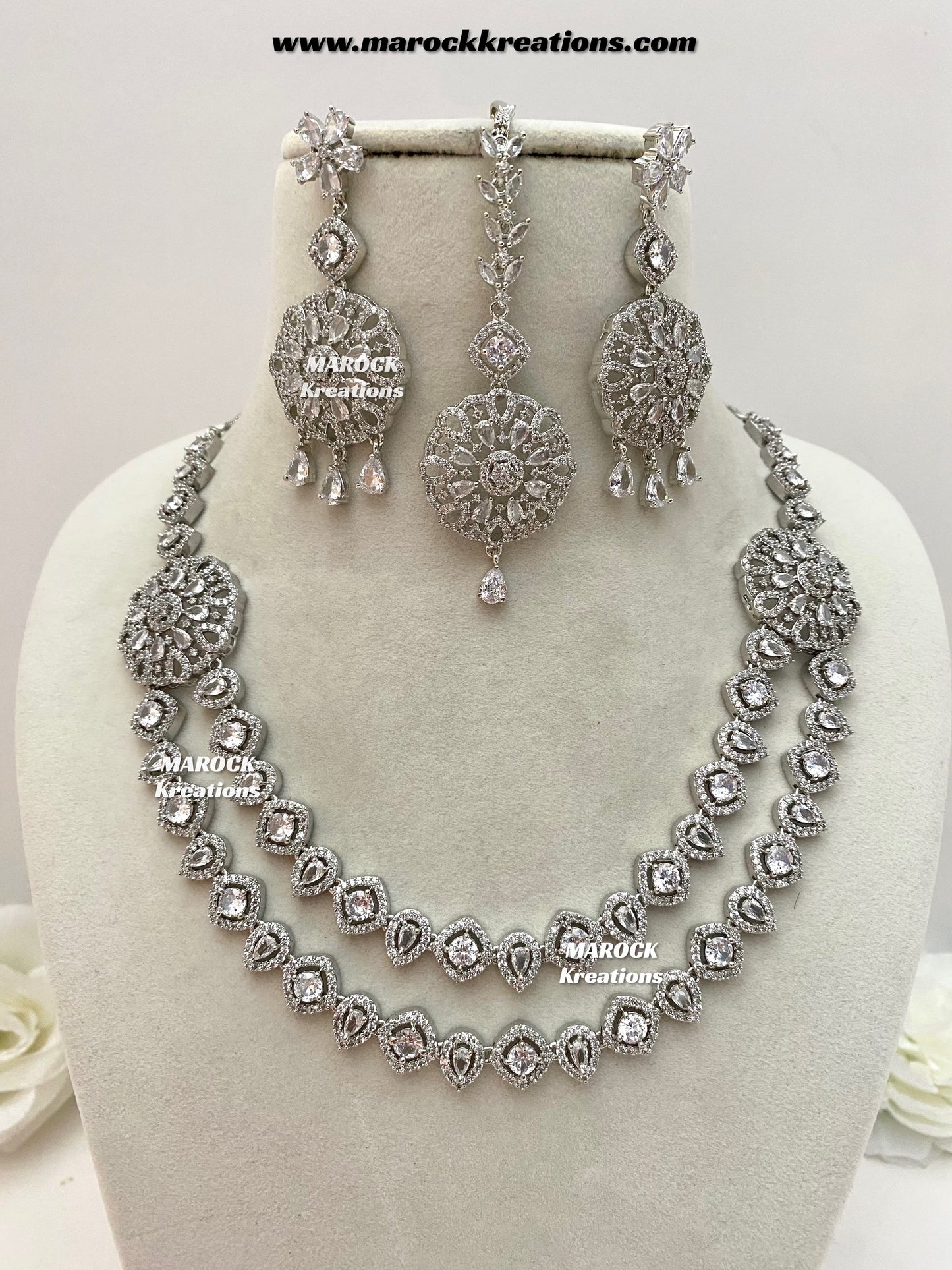 Shiba Silver American Diamond double layer Necklace set