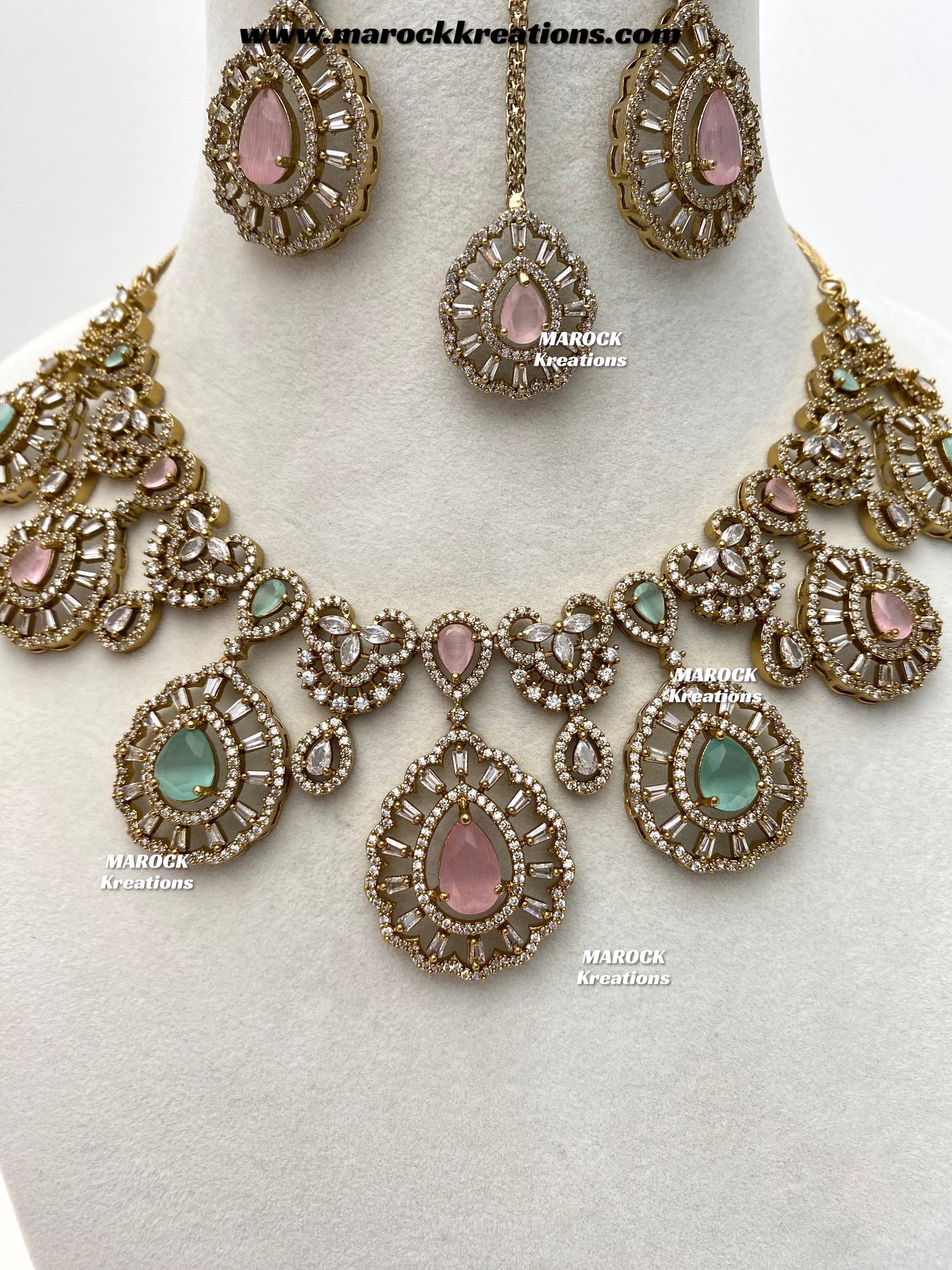 Tareena Antique Gold American Diamond Statement Necklace set
