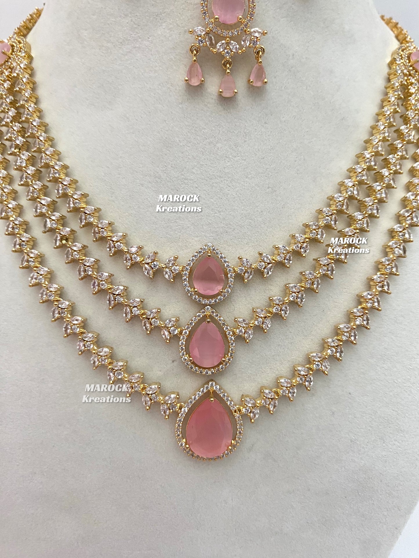 Ashreen Golden Pink American Diamond 3 layers Necklace set