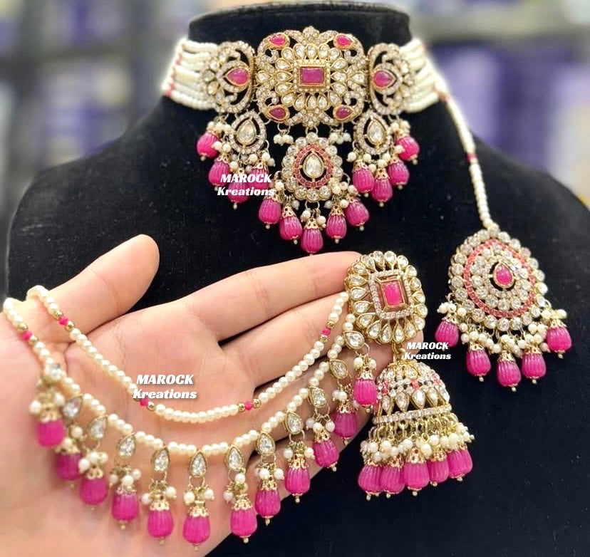 Hana Kundan Choker set with Jhumki Earrings and tikka(Saharey attached)