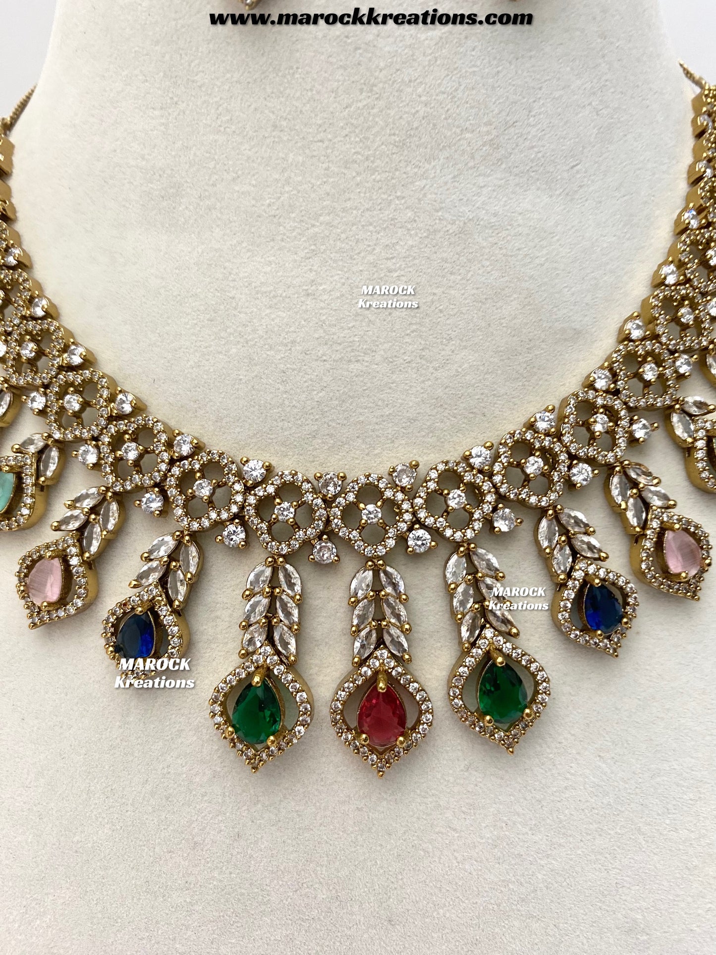 Maliha Antique Gold American Diamond Statement Necklace set