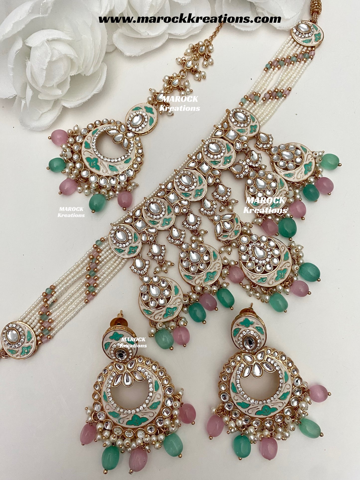 Nirvi Premium Quality Rose Gold Kundan Meenakari Choker/Necklace set