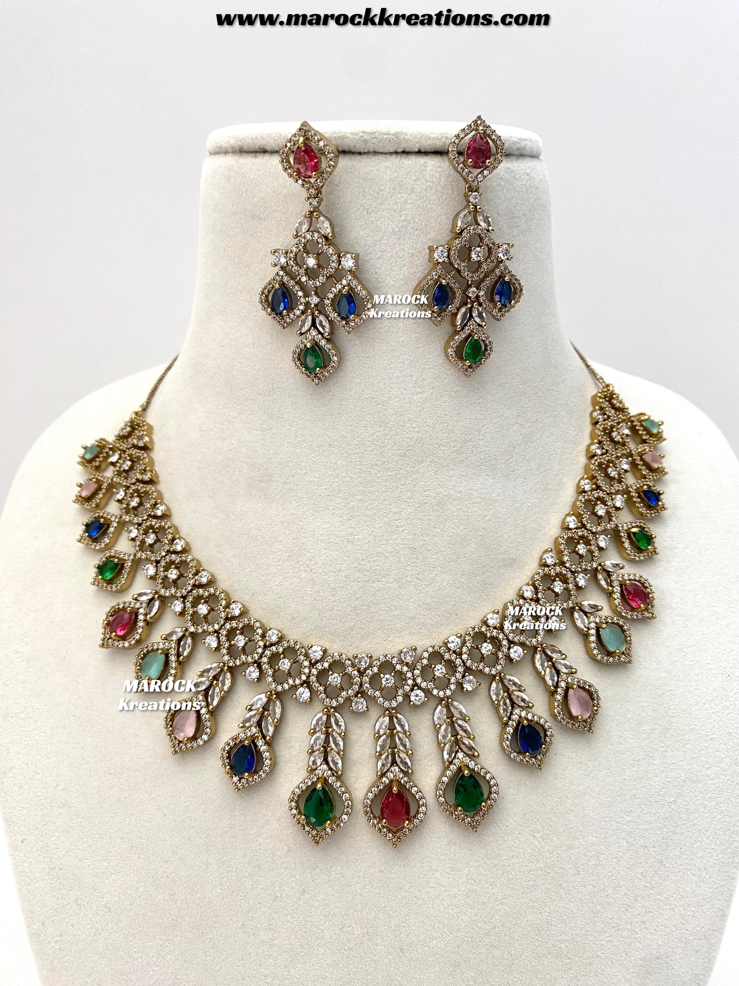 Maliha Antique Gold American Diamond Statement Necklace set