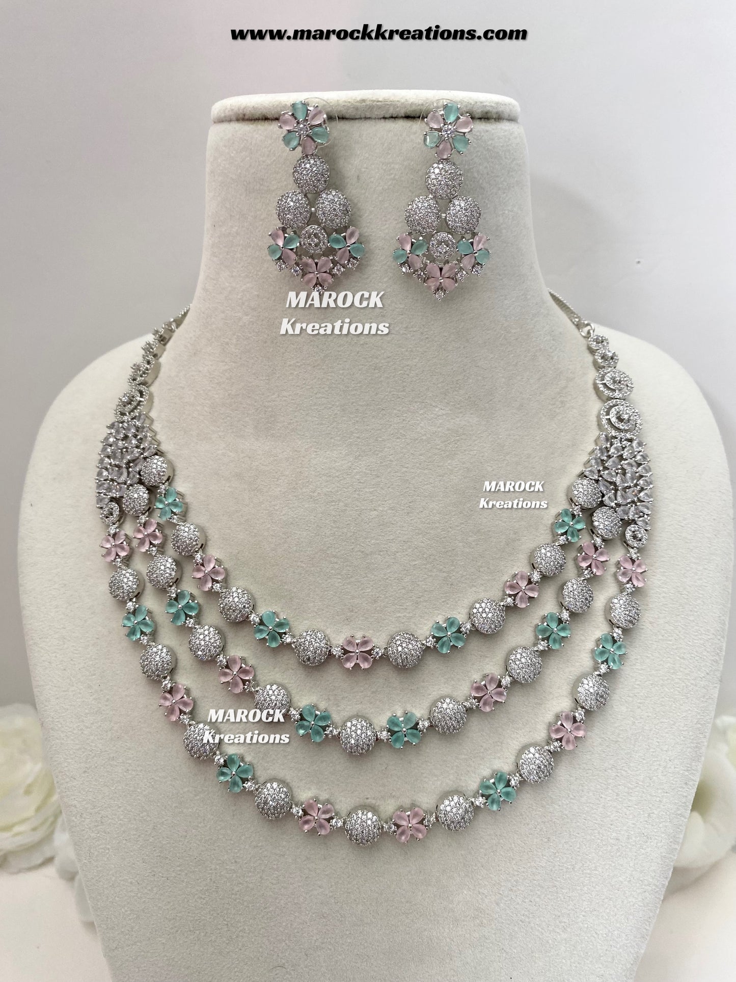 Kristin Silver American Diamond triple layer Necklace set