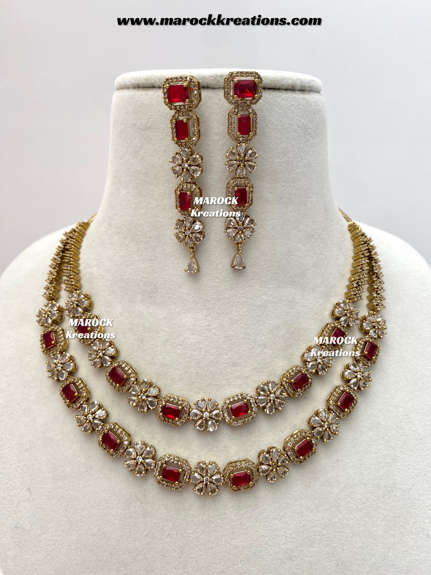 Sineka Antique Gold American Diamond double layer Statement Necklace set