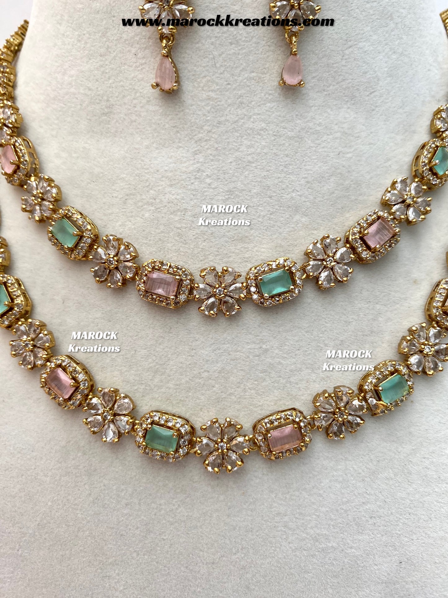 Sineka Antique Gold American Diamond double layer Statement Necklace set