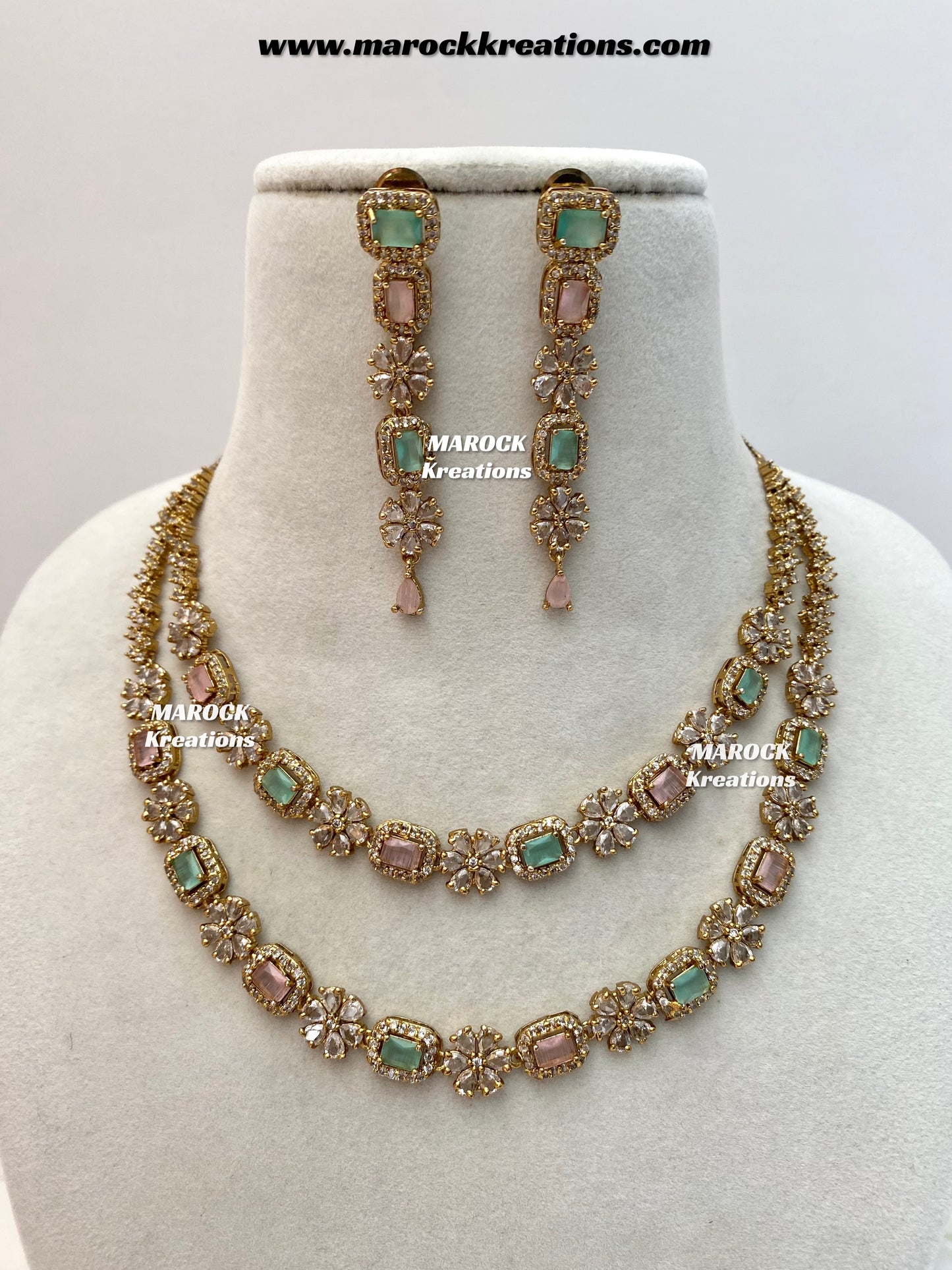 Sineka Antique Gold American Diamond double layer Statement Necklace set