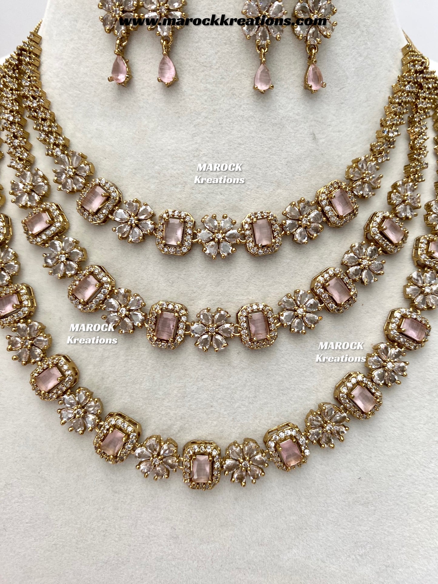 Arvin Antique Gold American Diamond triple layer Statement Necklace set