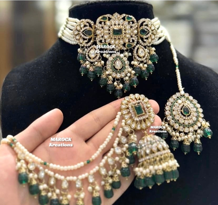 Hana Kundan Choker set with Jhumki Earrings and tikka(Saharey attached)