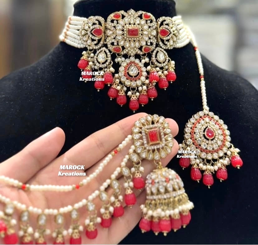 Hana Kundan Choker set with Jhumki Earrings and tikka(Saharey attached)