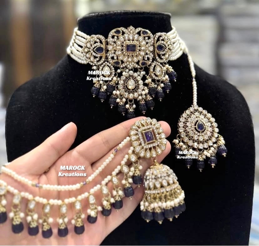 Hana Kundan Choker set with Jhumki Earrings and tikka(Saharey attached)