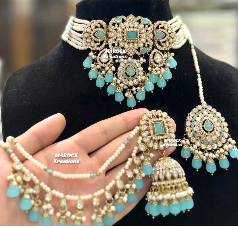 Hana Kundan Choker set with Jhumki Earrings and tikka(Saharey attached)