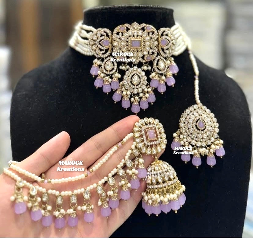 Hana Kundan Choker set with Jhumki Earrings and tikka(Saharey attached)