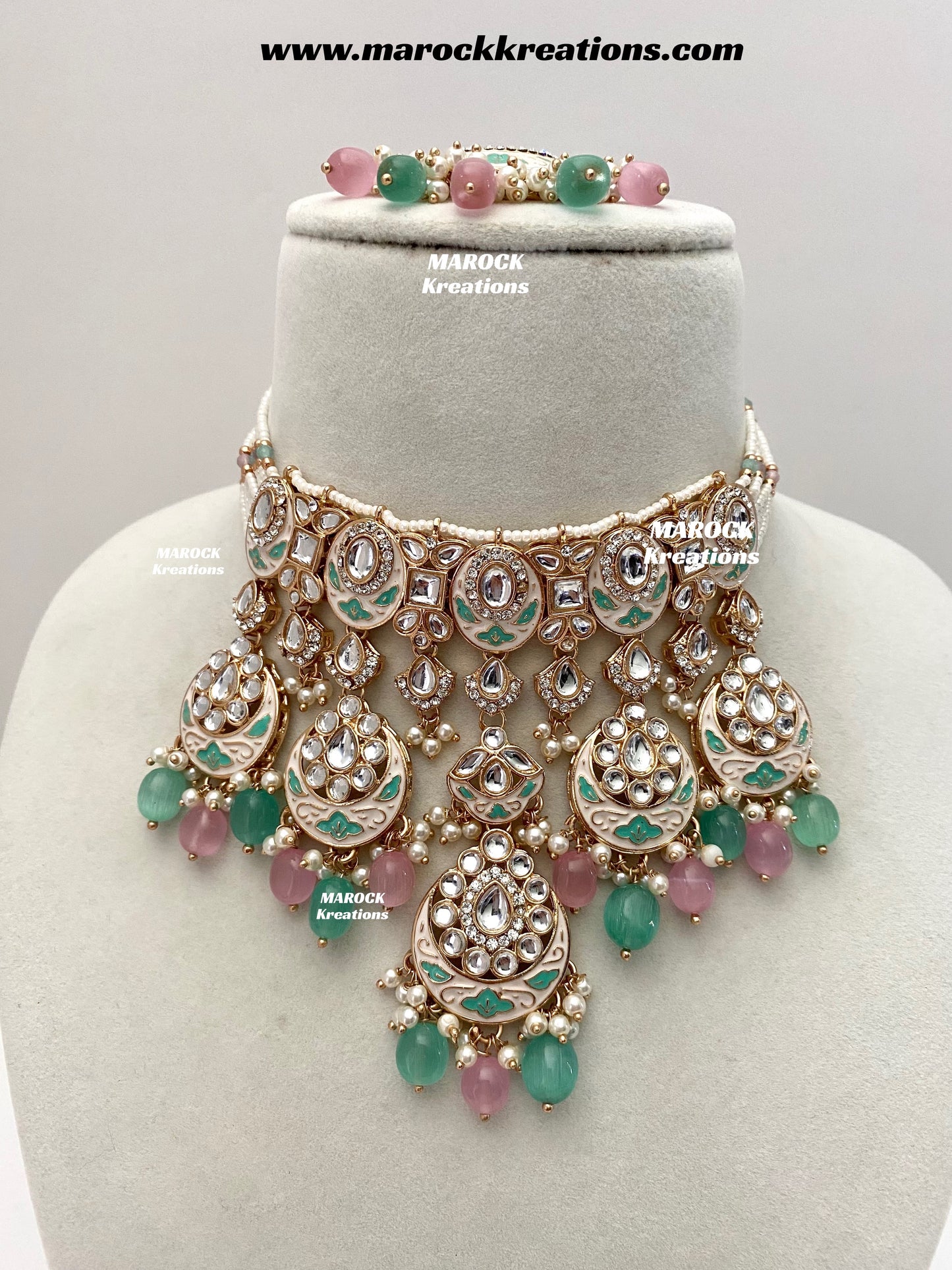 Nirvi Premium Quality Rose Gold Kundan Meenakari Choker/Necklace set