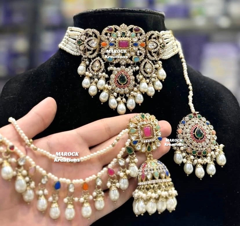 Hana Kundan Choker set with Jhumki Earrings and tikka(Saharey attached)