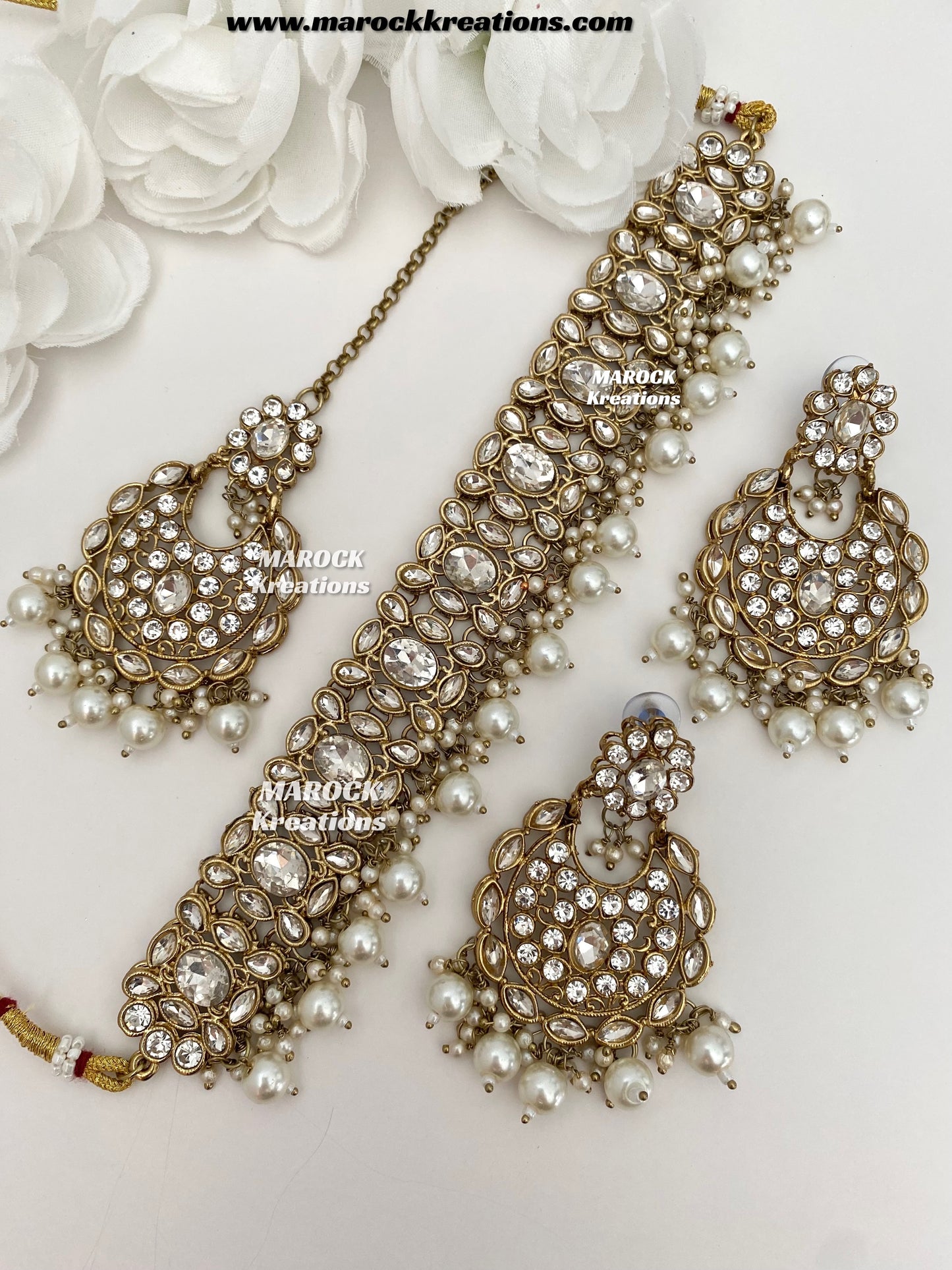 Kashish Antique Gold base White stone choker set