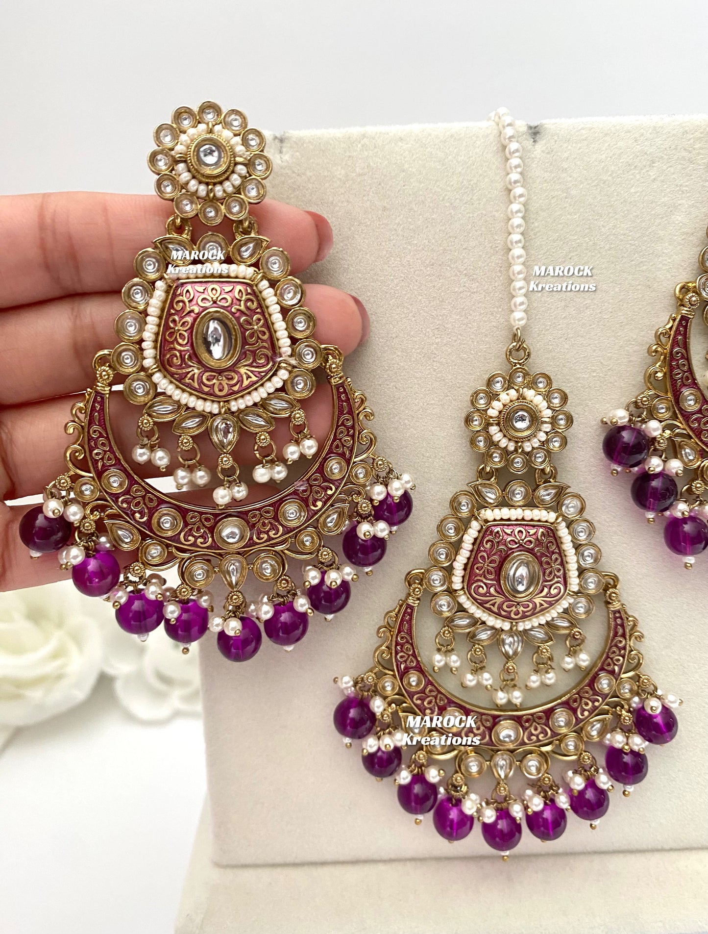 Saanjh Premium Quality Kundan Meenakari Statement Earrings and tikka set