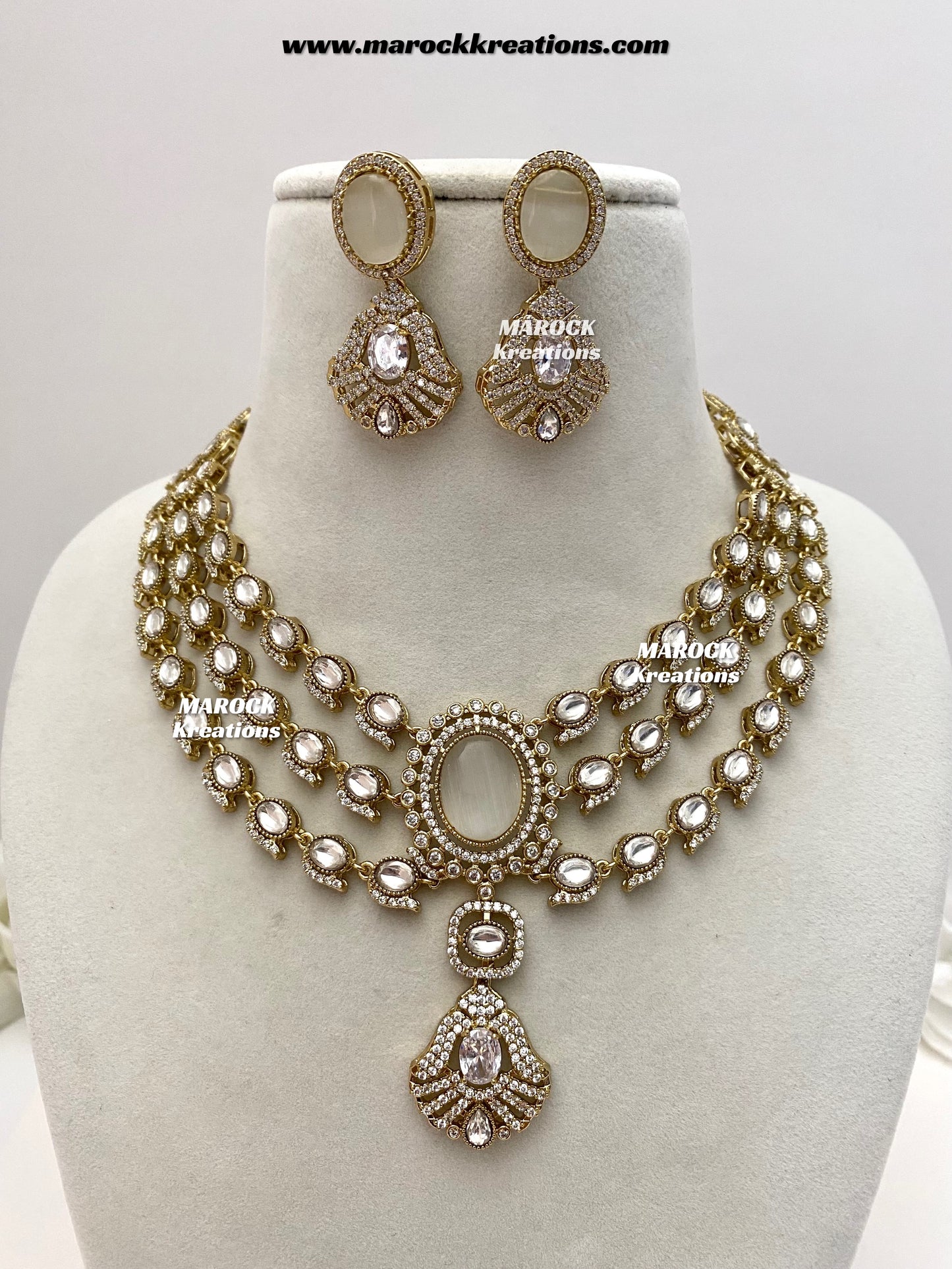 Salina Premium Quality Moissanite Kundan triple layer Necklace set