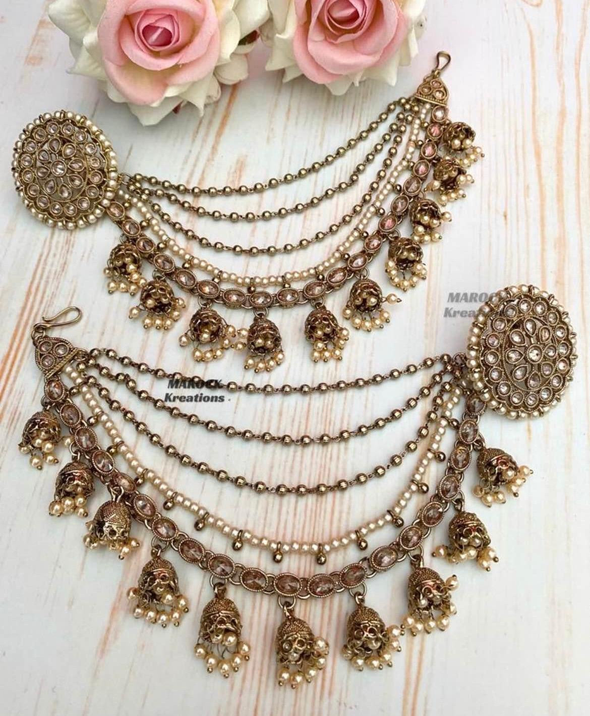 Antique Gold Polki studs/earrings comes with removable Saharey/Ear chains