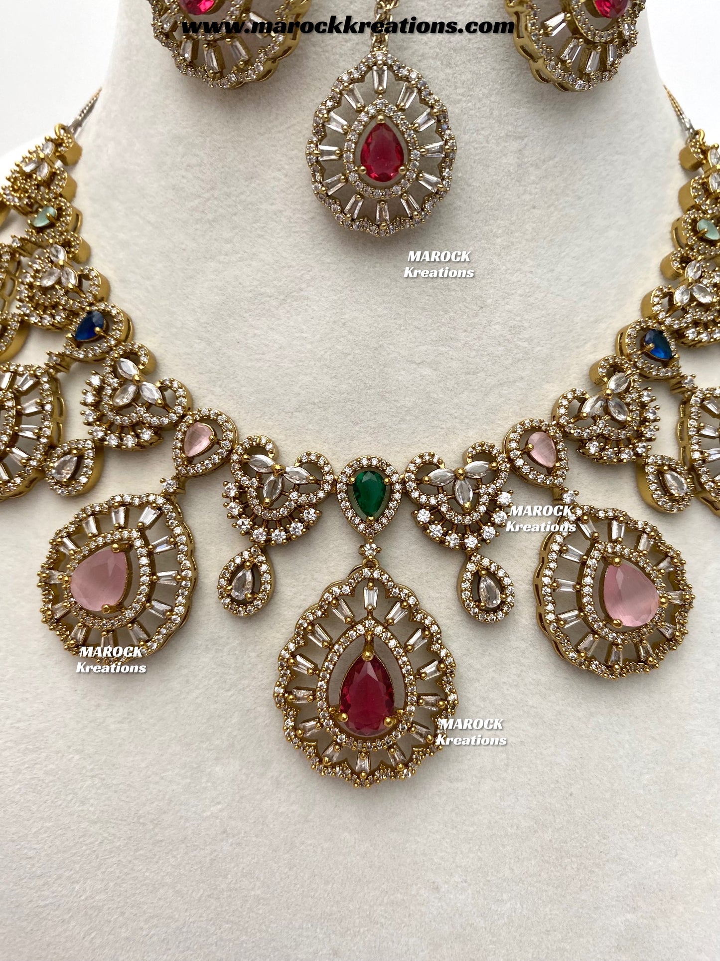 Tareena Antique Gold American Diamond Statement Necklace set