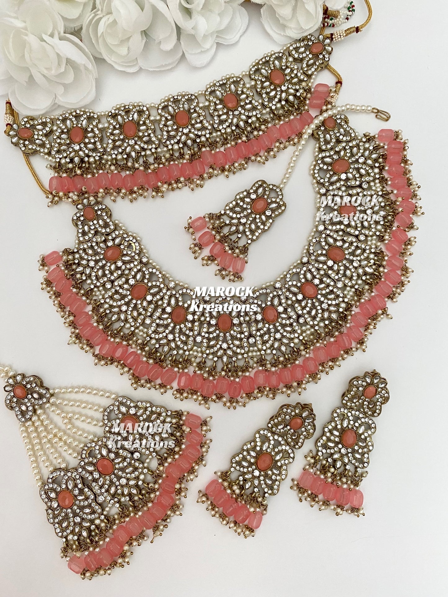 Antique Gold/Coral Pakistani choker and necklace combo set/Pakistani bridal set