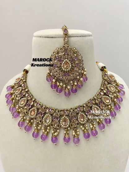 Antique Gold/Lavender Polki Necklace set