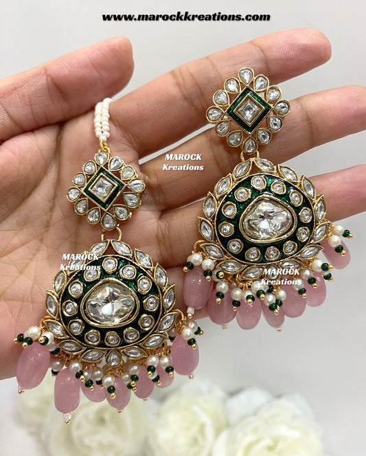 Saher Uncut Kundan Meenakari Earrings and tikka set