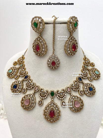 Tareena Antique Gold American Diamond Statement Necklace set