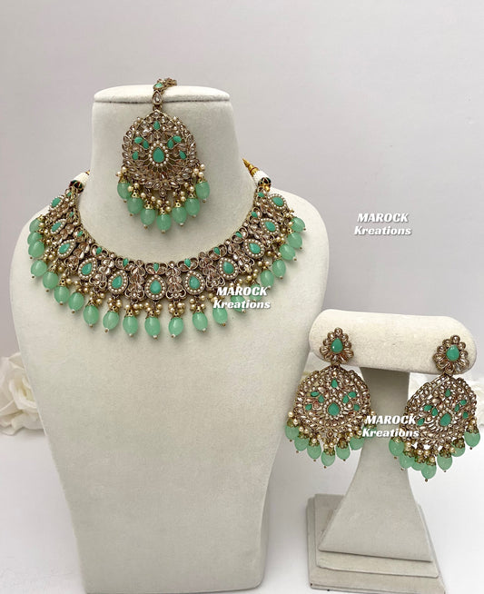 Antique Gold/Mint Polki Necklace set