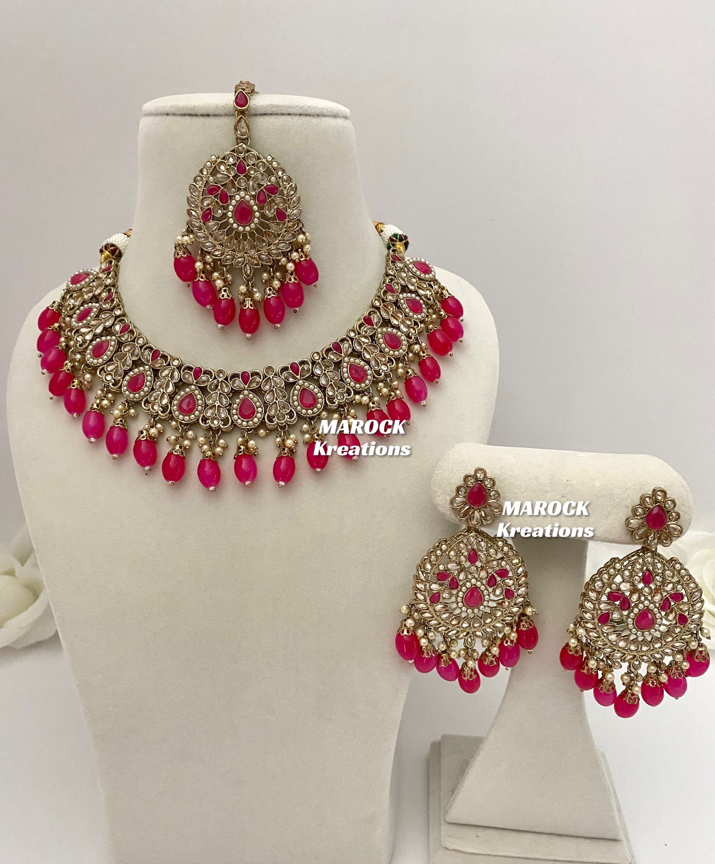 Antique Gold/Magenta/Hot Pink Polki Necklace set