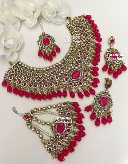 Antique Gold Pakistani Magenta Necklace set