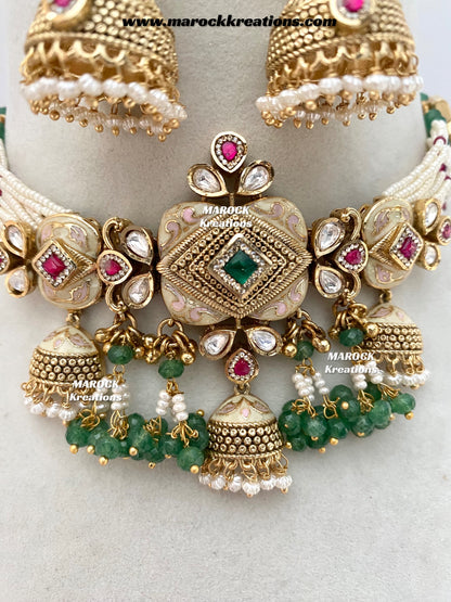 Habibi Premium Quality Gold plated Rajwadi Meenakari choker set
