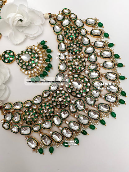 Trendy Uncut Kundan Green Meenakari Statement Bridal set