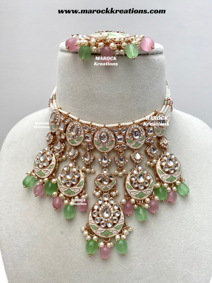 Nirvi Premium Quality Rose Gold Kundan Meenakari Choker/Necklace set