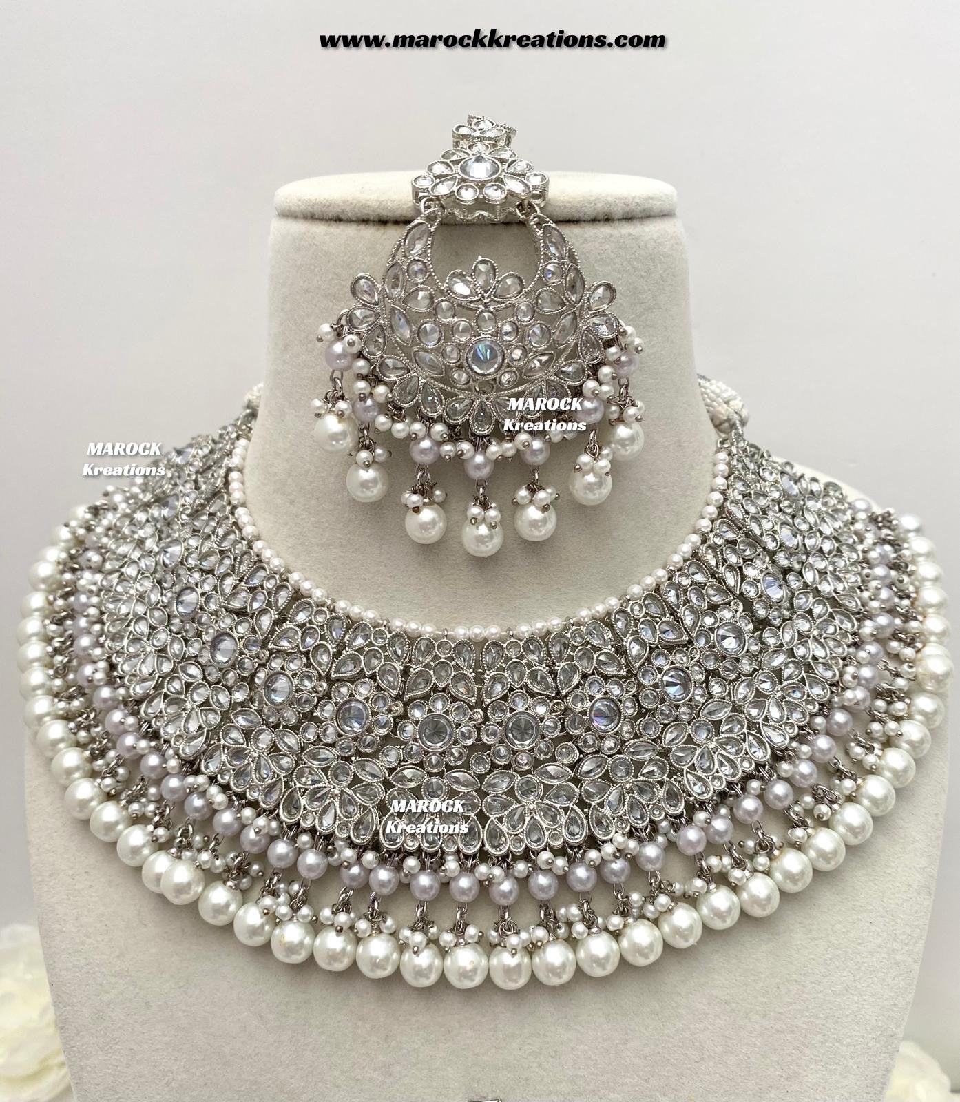 Silver Pakistani Polki choker/necklace set with Passa