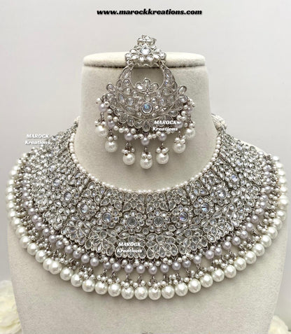Silver Pakistani Polki choker/necklace set with Passa