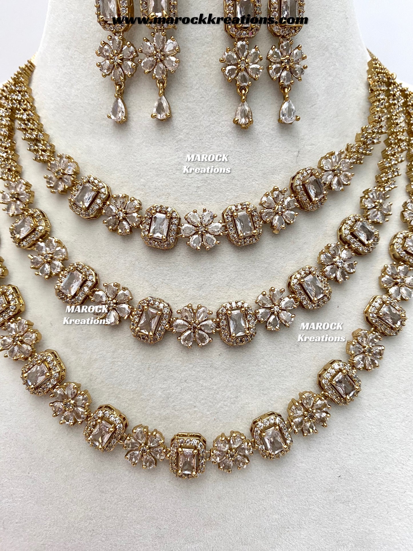 Arvin Antique Gold American Diamond triple layer Statement Necklace set