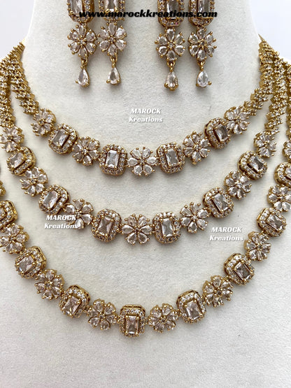 Arvin Antique Gold American Diamond triple layer Statement Necklace set