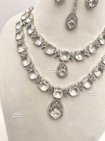 Aster Silver American Diamond Double layer Necklace set