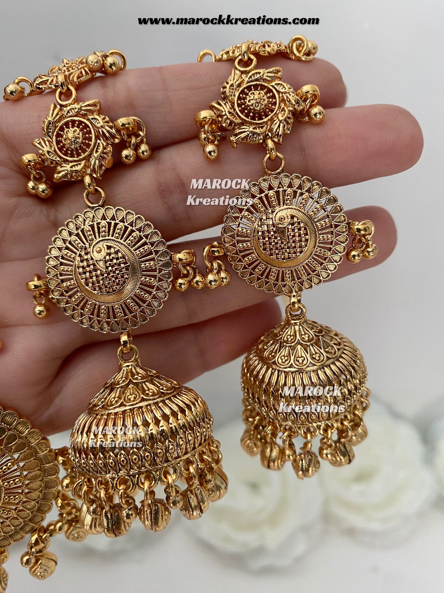 Premium Quality Gold plated Jhumki Earrings(Saharey attached) and tikka set
