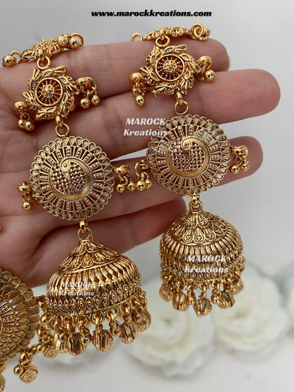 Premium Quality Gold plated Jhumki Earrings(Saharey attached) and tikka set