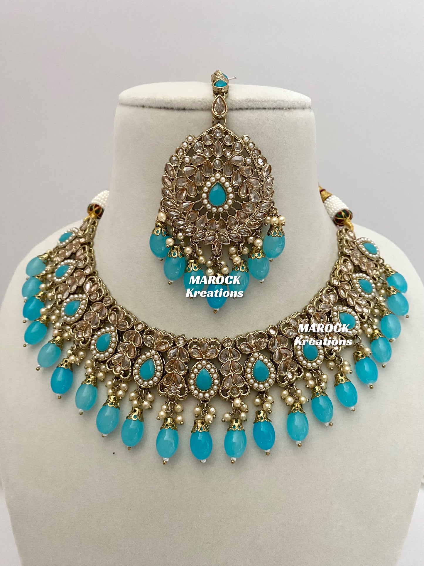 Antique Gold/Turquoise/Firozi Polki Necklace set