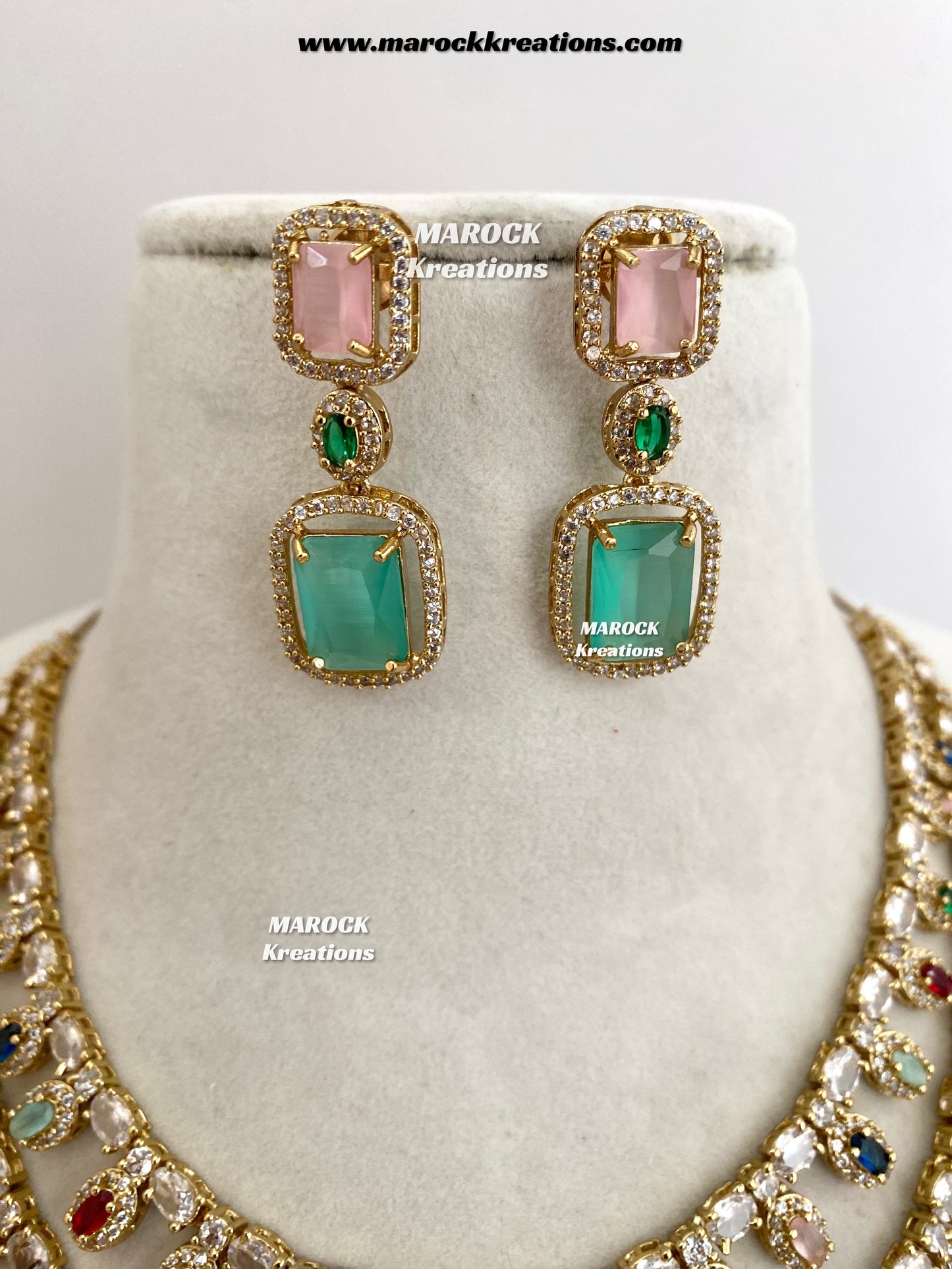 Eshika Antique Gold American Diamond double layer Necklace set